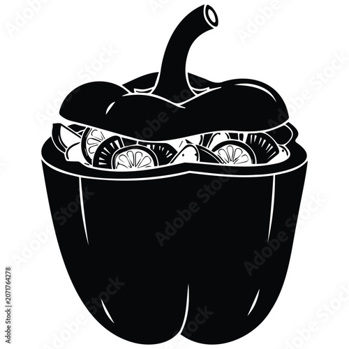 Stuffed bell pepper vector silhouette illustration filled with fresh vegetables line art.
