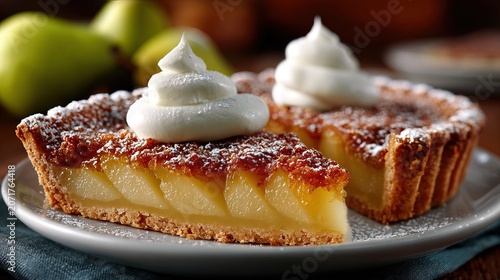 Delicious Apple Pie with Whipped Cream on Plate.