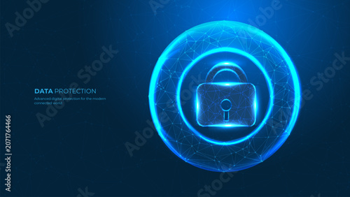 Data Protection Banner Blue Neon Plexus Sphere Digital Padlock Cyber Security Technology Background Vector