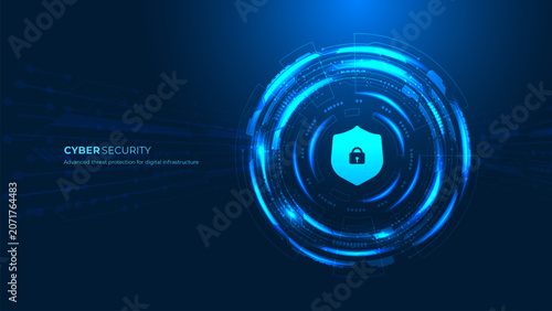 Cyber Security Banner Blue HUD Digital Shield Lock Futuristic Technology Background with Text Vector Illustration