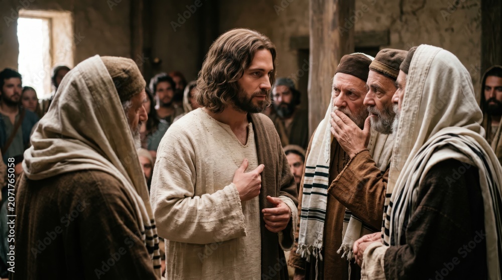 Obraz premium Jesus Christ teaching a group of skeptics and scribes in an ancient room. Biblical scene depicting a historical confrontation about faith, forgiveness and divine authority in life.