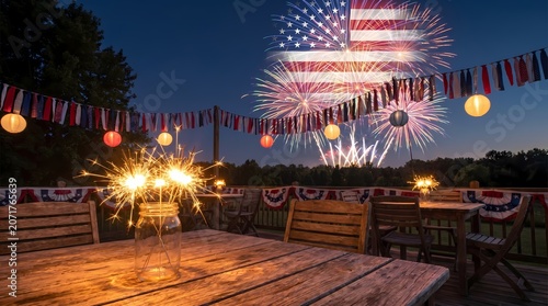 Outdoor Night Party with Patriotic Firework Display