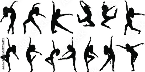 Photography Set of female dancer silhouettes modern dance and gymnastics poses isolated on w