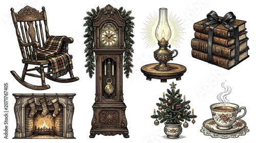 Vintage Christmas Cozy Home Collection Vector Set with Rocking Chair, Grandfather Clock, Fireplace, Oil Lamp, Books and Tea Cup.