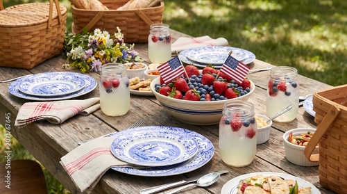 Patriotic outdoor picnic table setting with American flags and summer food