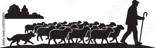 Billede på lærred Shepherd with flock of sheep and border collie dog illustration black silhouette isolated on white background for farm rural life farm graphic