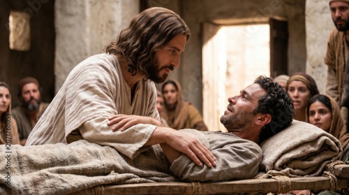 Jesus heals a paralyzed man lying on a bed. Biblical scene showing compassion and forgiveness as the messiah restores health to a sick person. Religious art of miracle story.
