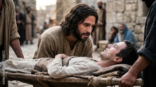 Jesus Christ healing a paralyzed man lying on a stretcher. Biblical scene from the Gospel of Matthew where a sick person meets savior. Spiritual faith, miracle, and compassion concept.
