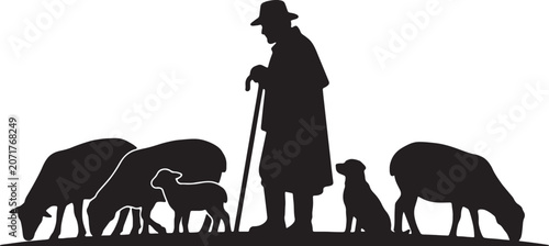 Schilderij op canvas Silhouette illustration of old shepherd with herd of sheep and loyal dog grazing in meadow representing classic rural life in countryside style