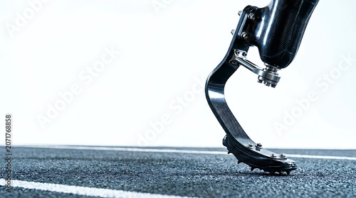 Carbon Fiber Running Blade Prosthetic Leg on Athletic Track Starting Line
