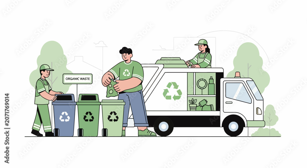 Fototapeta premium Waste management workers sorting recycling with garbage truck, eco-friendly concept