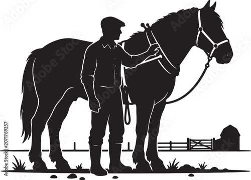 Photos Silhouette illustration of farmer holding reins of large draft horse standing in field with wooden fence and barn structures in rural countryside