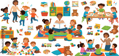 Fotografi Nursery school classroom vector elements with happy kids listening to teacher st