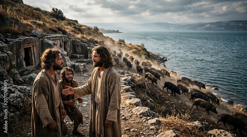 Jesus Christ healing two possessed man near a cliff beside the sea. Miracle of the Gadarene swine in ancient Israel. Biblical scene from Matthew chapter 8, faith and divine power.