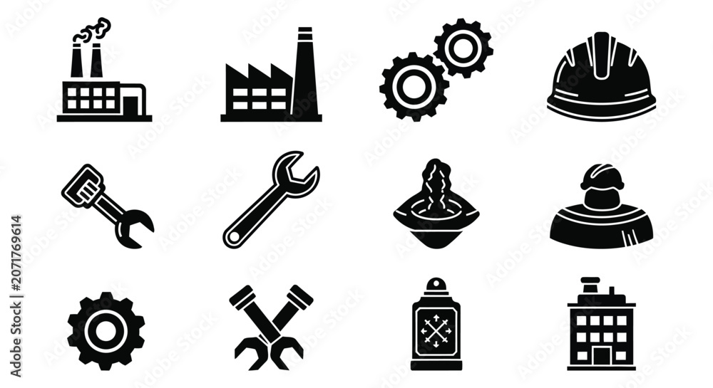 Fototapeta premium Industry And Construction Icons Black Silhouette Set On White Background