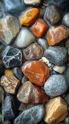 Wet Multi Colored River Stones Underwater With Natural Reflections And Sharp Textures