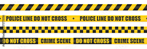Police line do not cross tape vector set. Realistic police crime scene tapes seamless pattern. Isolated black and yellow police lines ribbon on white background. Restricted area. Vector illustration.