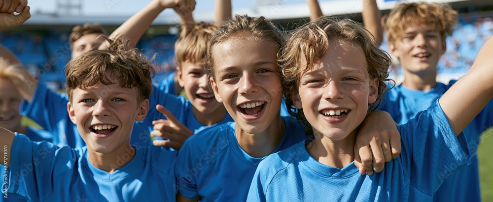 Fototapeta premium Joyful young soccer players celebrating a goal on the field with lively teamwork amid a vibrant stadium setting.