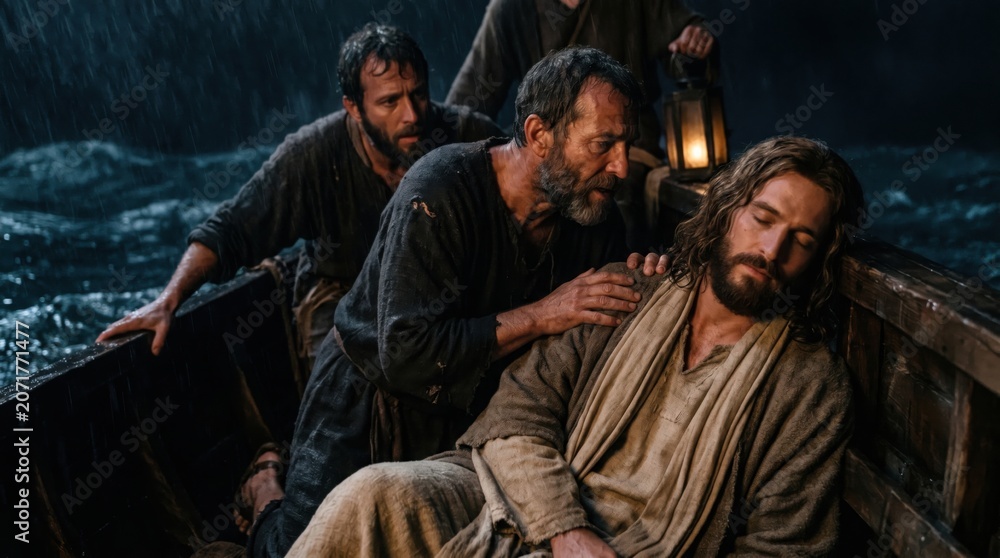 Fototapeta premium Jesus sleeping on boat during storm while disciples wake him in fear. Biblical scene from Matthew 8 where miracle calms turbulent waves. Religious faith, hope and divine protection concept.