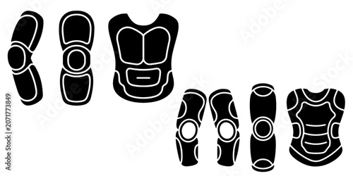 Tableau sur toile Protective sports equipment icon set featuring vest, knee pad, chest protector a