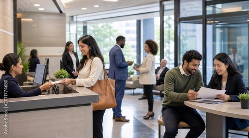 Diverse customers and staff interacting in modern bank branch lobby
