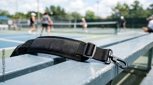 Pickleball Bag Strap on Bench with Blurred Tennis Court Background