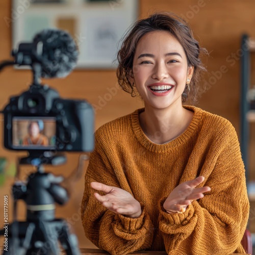 Happy Young Woman Wearing Orange Sweater Sitting in Studio Recording Video