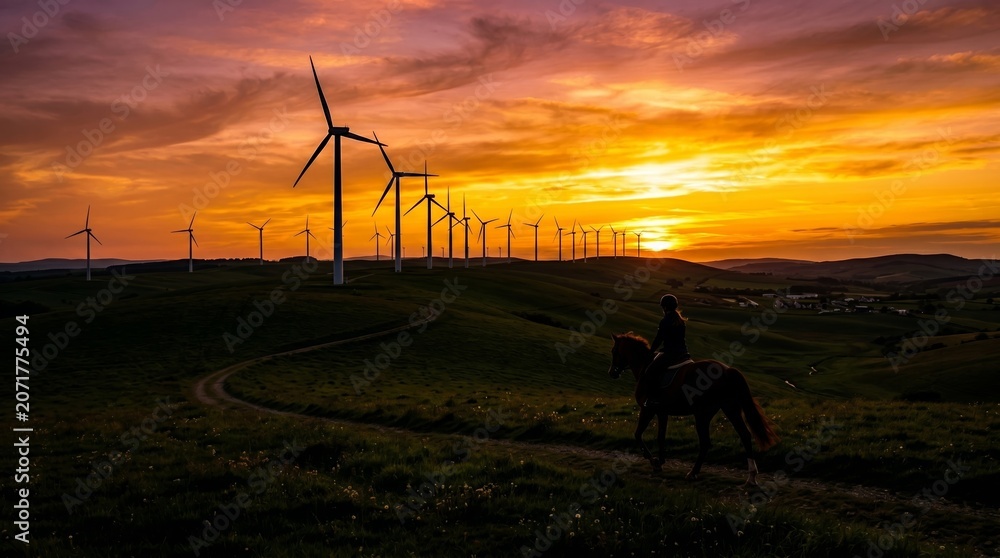 Fototapeta premium Wind turbines on rolling hills at sunset with a silhouette of a horse rider. Concept renewable energy, serene landscapes, outdoor adventure, appealing for eco tourism, nature conservation. Generative
