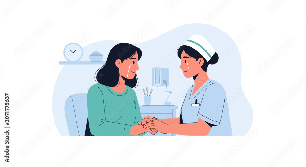 Fototapeta premium Nurse Comforting Crying Woman, Empathy, Sadness, Healthcare Support Concept