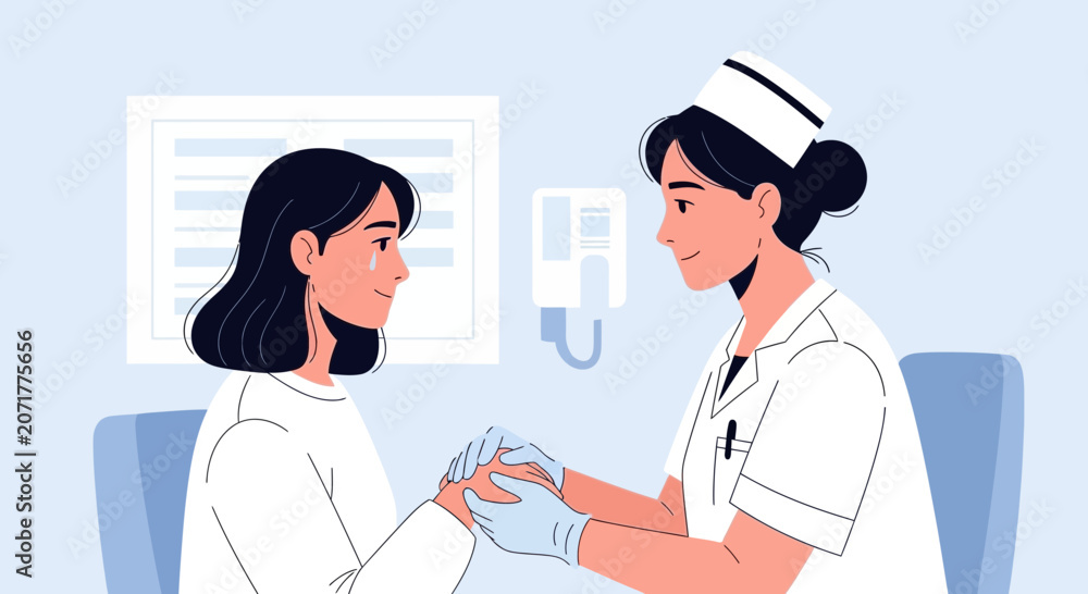 Fototapeta premium Nurse Comforts Crying Patient in Medical Exam Room
