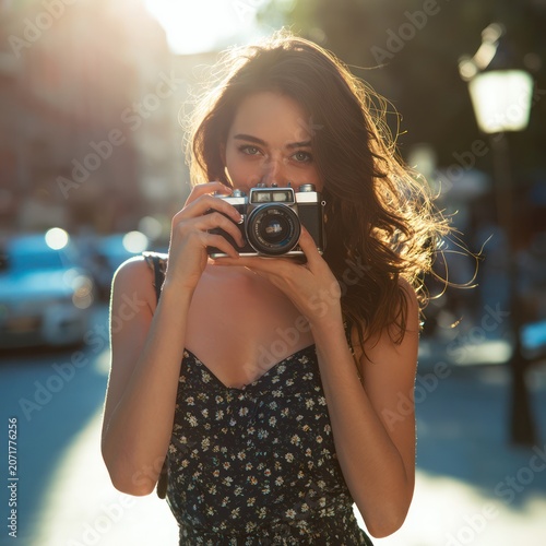 Young Woman Holding Camera Standing Outdoors in Sunlight in Casual Summer Dress
