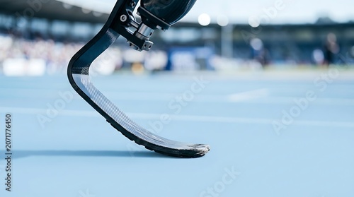 Carbon Fiber Running Blade Prosthetic Leg on Blue Track for Disabled Athletes