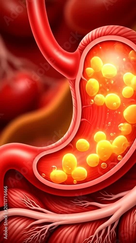 Anatomical model of human stomach with digestive particles