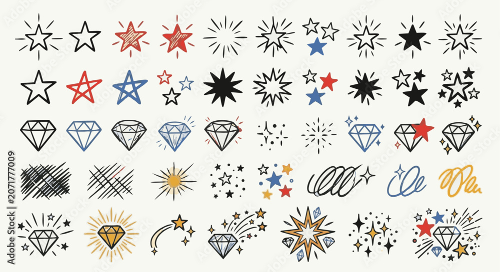 Obraz premium Sketch Sparkle Stars And Shine Effects Vector Silhouette