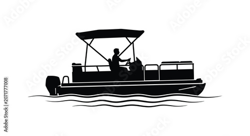 Photos Pontoon boat with a person steering depicted as a black silhouette against a whi