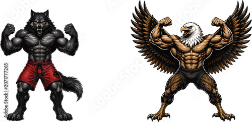 Anthropomorphic wolf and bald eagle bodybuilders flexing muscles with strength