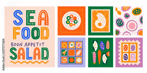 Bilde på lerret Seafood And Salad Pattern A Colorful Vector Illustration With Retro Typography a