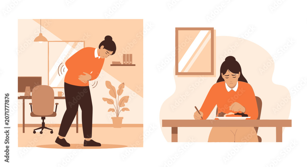 Fototapeta premium Woman Experiencing Digestive Issues and Discomfort After Meals at Workplace