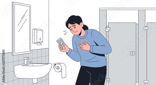 Woman Experiencing Chest Pain, Holding Medication In Public Restroom, Seeking Relief