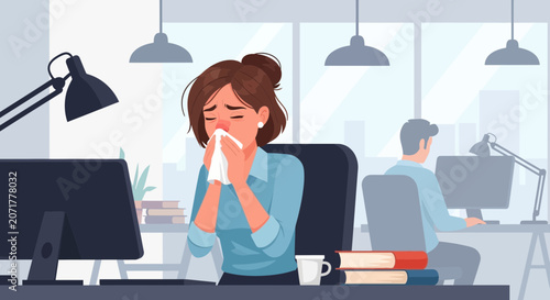 Woman Experiencing Cold Symptoms in An Office Environment and Working on A Computer