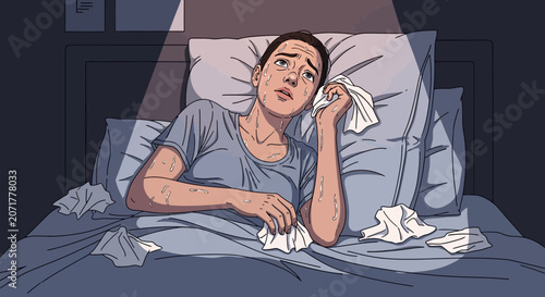 Woman Experiencing Anxiety Lying In Bed Struggling With Night Sweats And Worry