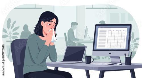 Woman Experiencing Cold Symptoms in An Office Environment with Computer and Laptop Close By