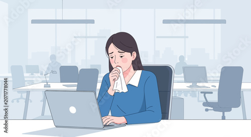 Woman Experiencing Cold Symptoms in An Office Environment with Her Laptop