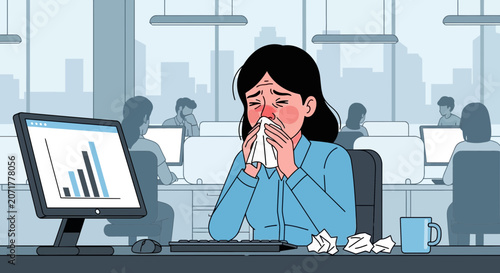 Woman Experiencing Cold Symptoms in An Office Environment with Financial Data
