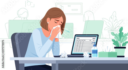 Woman Experiencing Cold Symptoms in An Office Environment with Sneezing Depiction