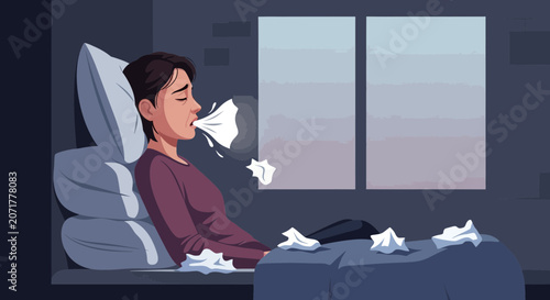 Woman Experiencing Cold Symptoms in Bed While Blowing Her Nose At Home Late Night