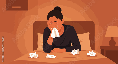 Woman Experiencing Cold Symptoms in Bed, Illustrated in a Warm and Cozy Room Setting