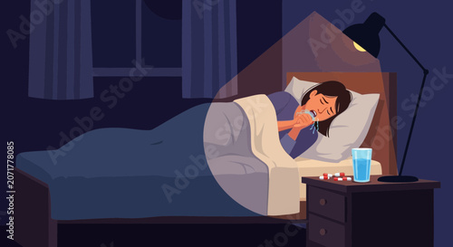 Woman Experiencing Cold Symptoms in Bed Illuminated By The Soft Light of The Lamp