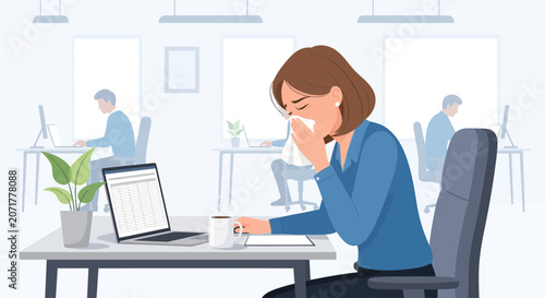 Woman Experiencing Cold Symptoms in An Office Environment with other Working People