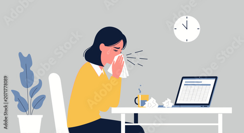 Woman Experiencing Cold Symptoms in An Office Environment, Blowing Nose With Tissue At Workspace
